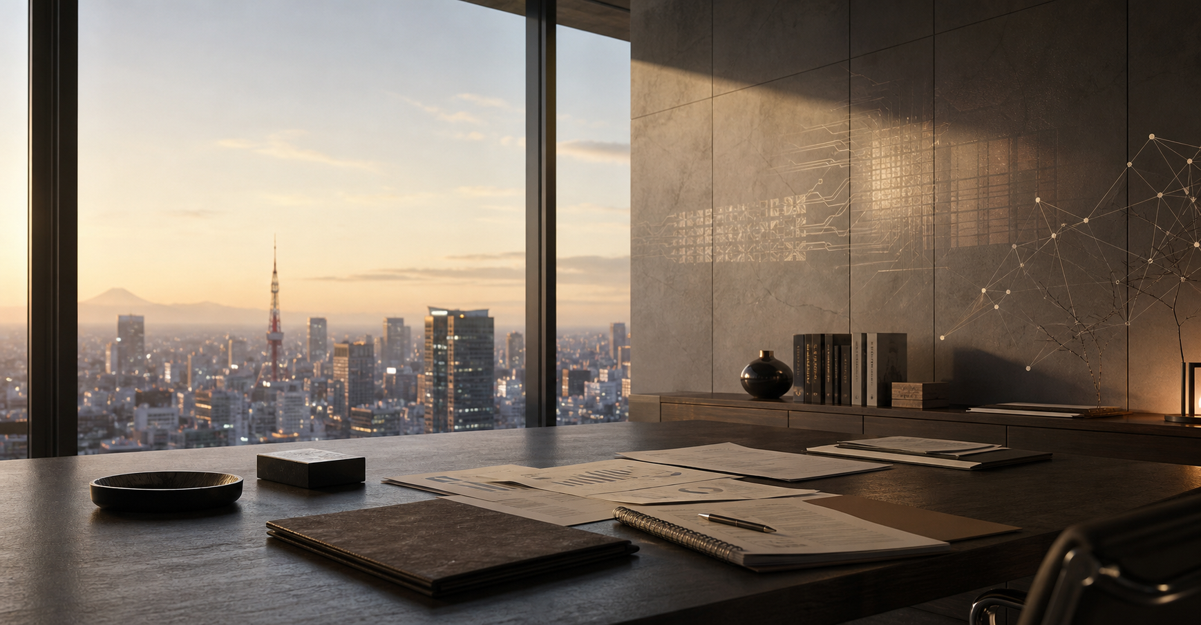 Quiet Tokyo office with investment research and deep technology signals